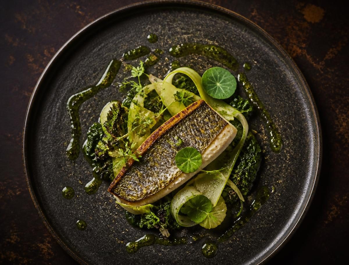 Seasonal pan-roasted fish dish at The Glasshouse restaurant in Windlesham